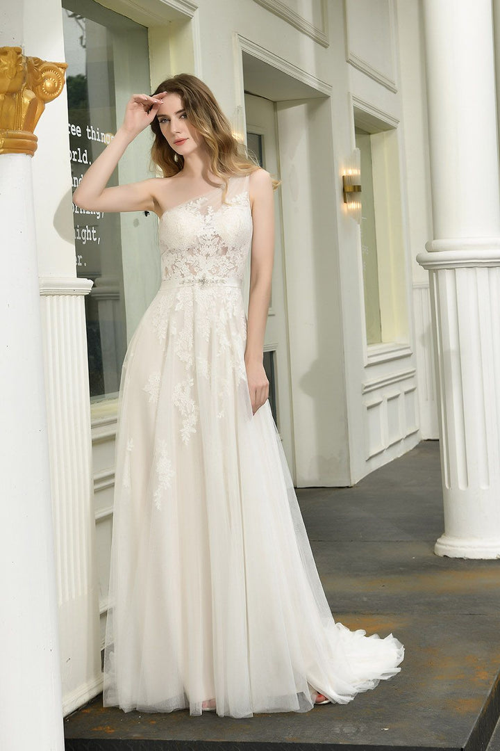 Bmbride Elegant One Shoulder Tulle Lace A-Line Wedding Dress