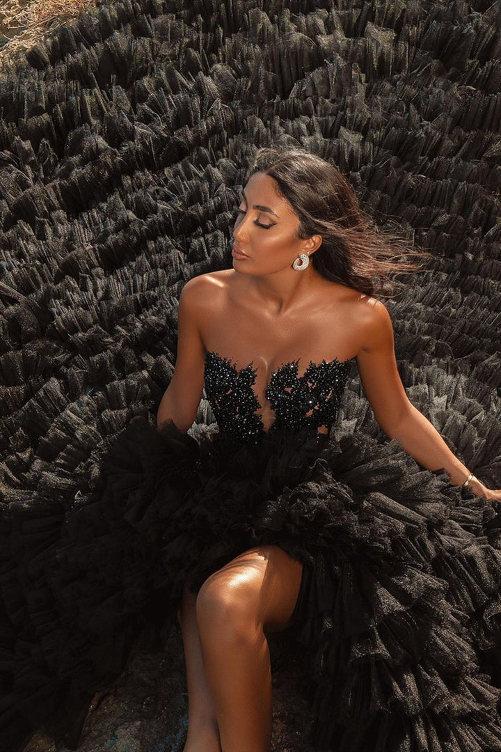 Bmbride High Low Sweetheart Tulle Formal Evening Dresses in Black