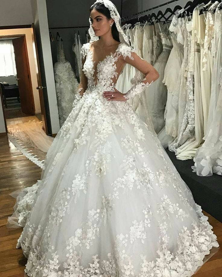 Bmbride Bateau Long Sleeve Appliques Lace Backless Ruffles Floor-length Princess Wedding Dress