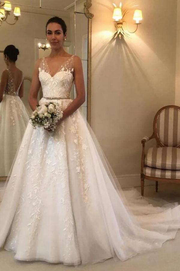 Bmbride Exquisite Long A-line Sweetheart Tulle Open Back Bridal Gown