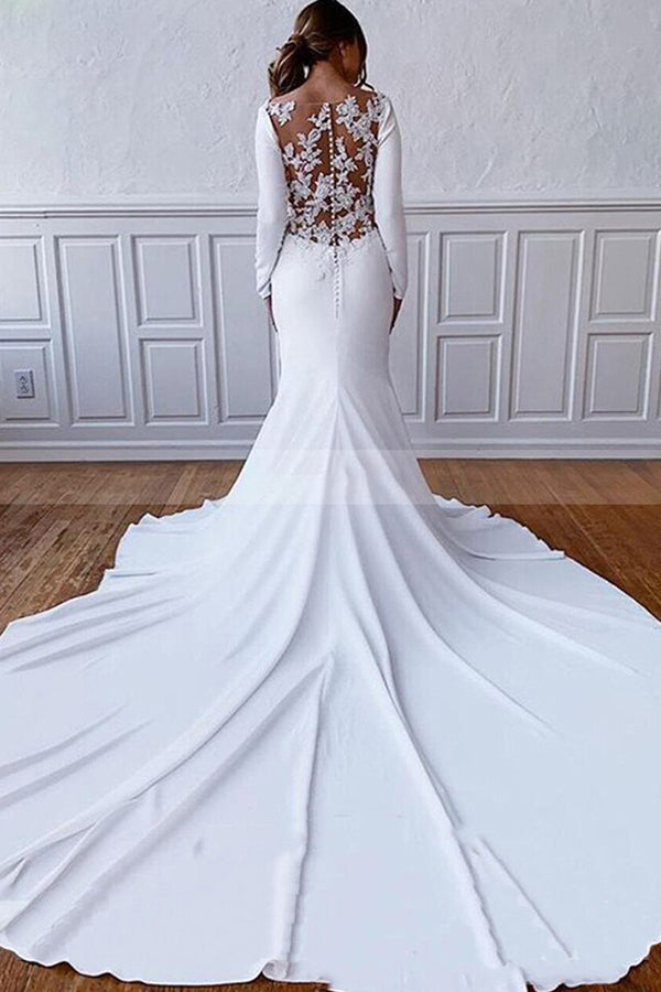 Bmbride Simple Long Sleeve Illusion Lace Back Sheath Wedding Dress