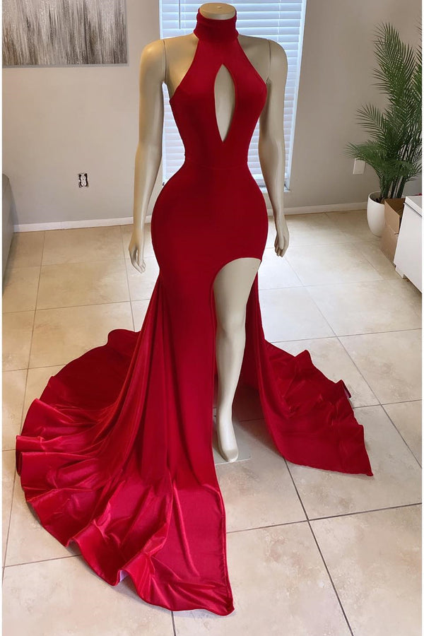 Online Glorious Red Front Split Mermaid High-Neck Prom Dress