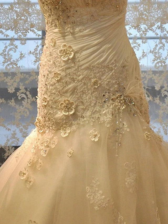 Bmbride Strapless Court Train Mermaid Trumpet Wedding Dress in Lace Organza Stretch Satin Sleeveless Formal