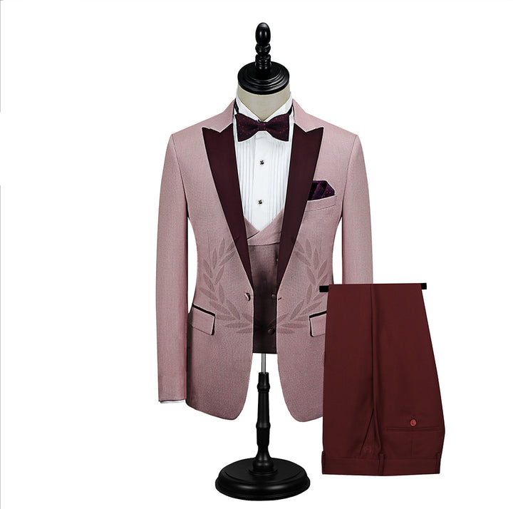Koscy Popular Burgundy Evening Suit with Peak Lapel and Pink One Button