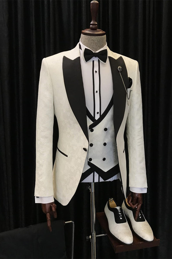 Koscy Alvin White Jacquard Three-Piece Wedding Suit with Black Peaked Lapel