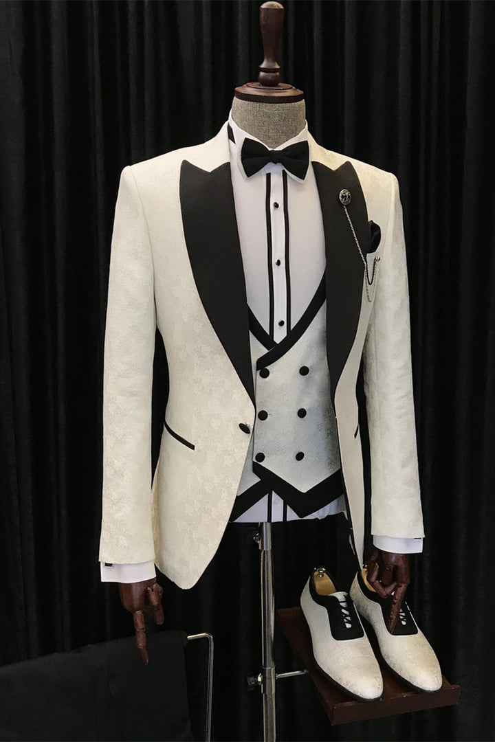 Koscy Alvin White Jacquard Three-Piece Wedding Suit with Black Peaked Lapel