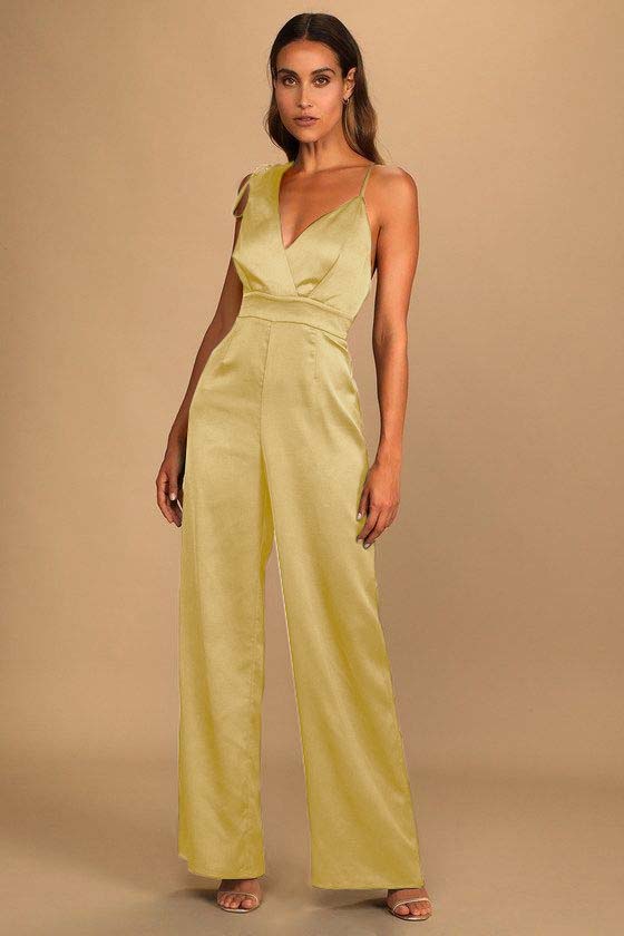 Koscy Retro Emerald Green Satin Asymmetrical Wide-Leg Jump Suit