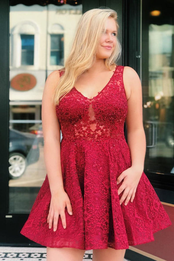 Koscy A-line Red Lace Homecoming Dress with Sheer Back