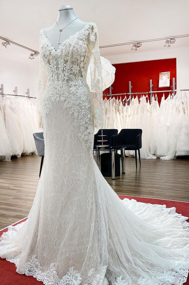 Bmbride Modest Long Mermaid Sweetheart Tulle Lace Wedding Dress with Sleeves