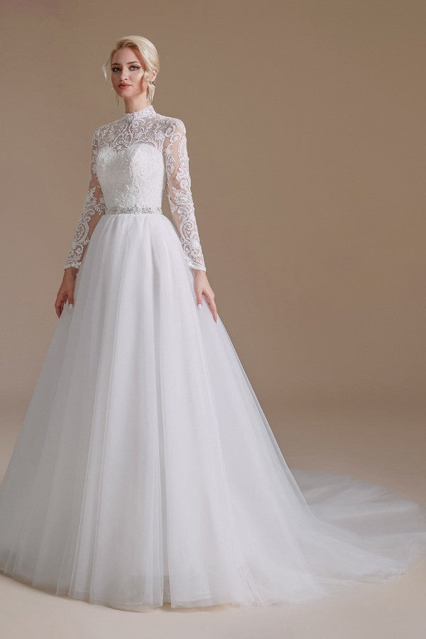 Bmbride A-line High Neck Long Sleeves Tulle Lace Wedding Dress