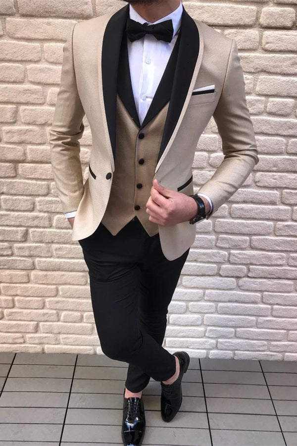 Koscy Stylish Black Satin Shawl Lapel Prom Suit with Gold Champagne Three-Piece Design