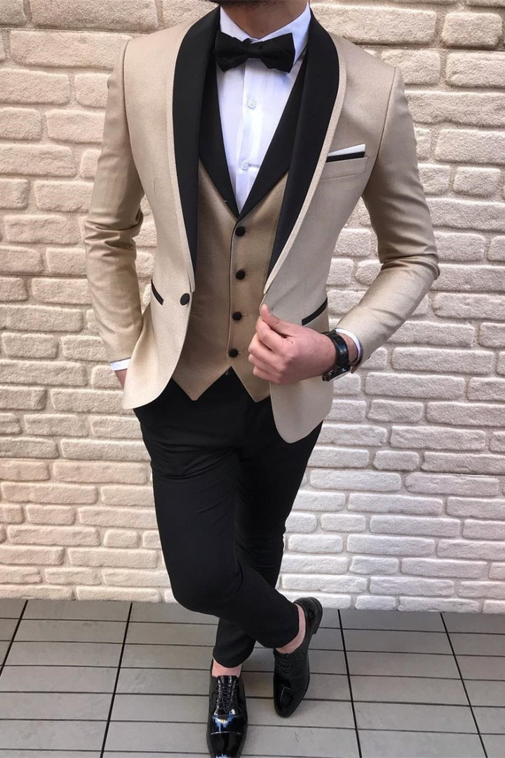 Koscy Stylish Black Satin Shawl Lapel Prom Suit with Gold Champagne Three-Piece Design