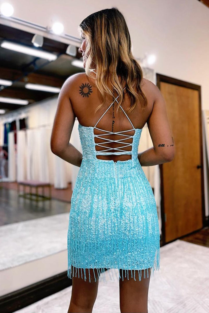 Koscy Sheath Spaghetti Straps Sky Blue Short Homecoming Dress with Tassel