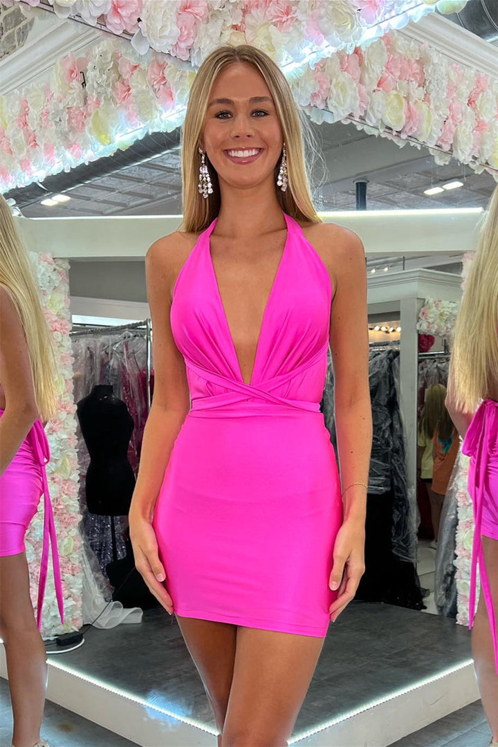 Koscy Sheath Plunging V Halter Satin Homecoming Dress