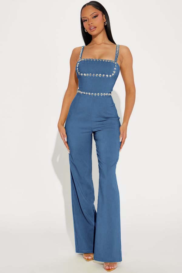 Koscy Fashion Green Square Neck Spaghetti-Straps Slim Fit Jump Suit