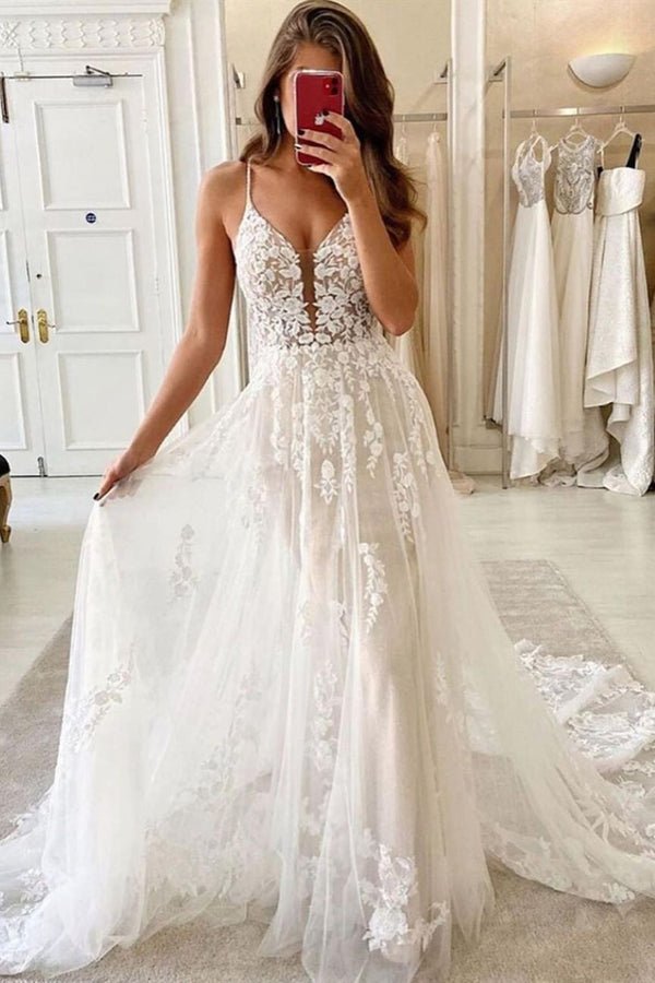 Bmbride Gorgeous Spaghetti Straps A-Line Tulle Appliques Lace Floor-length Prom Dress