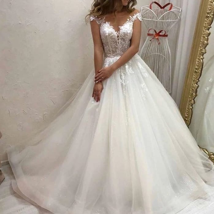 Bmbride A-line Sweetheart Off-the-shoulder Appliques Lace Tulle Train Wedding Dress