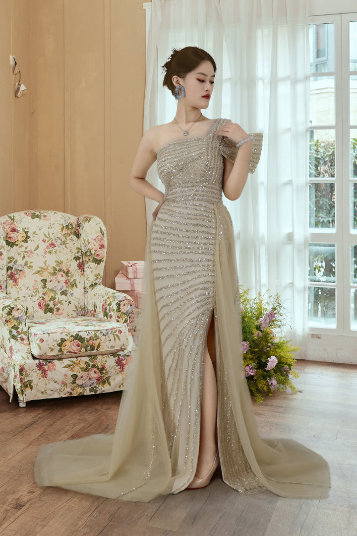 One Shoulder Sequins Prom Dress With Trail Slit