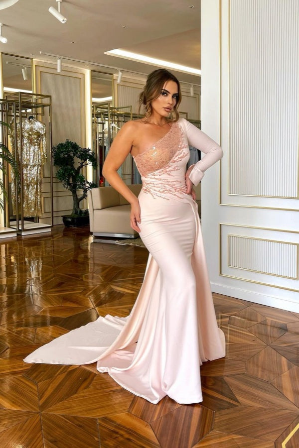 Long Mermaid Sequin Applique Light Pink One Shoulder Prom Dress