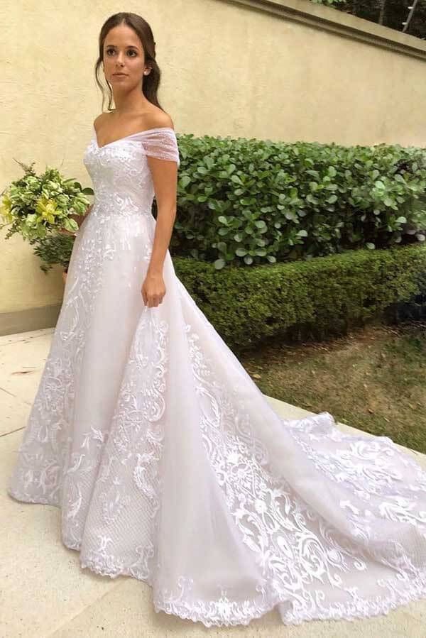 Bmbride Long A-line Off the Shoulder Floral Lace Appliques Wedding Dress