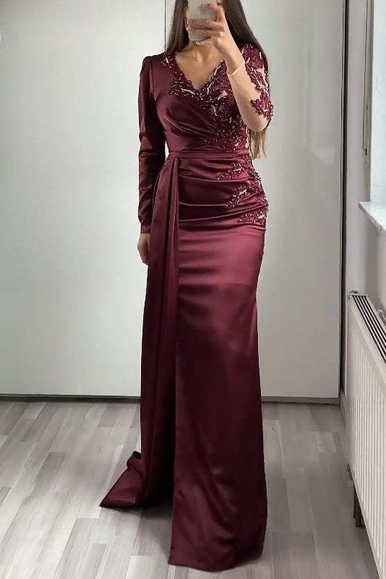 V-Neck Long Sleeves Ruffle Mermaid Prom Dress Lace Appliques