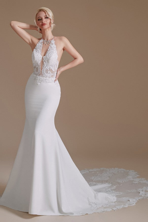 Bmbride Long Mermaid Halter Backless Satin Wedding Dresses with Appliques Lace