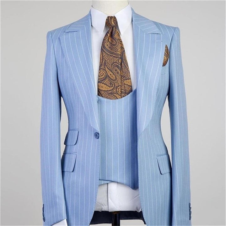 Koscy Gorgeous Blue Striped Three-Piece Groomsmen Tuxedo with Peaked Lapel