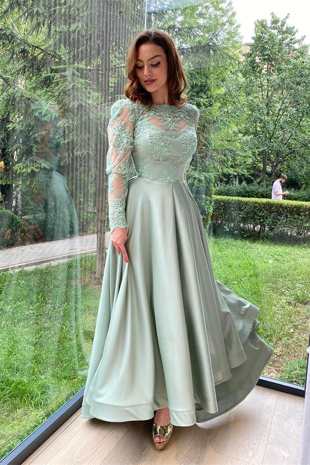 Elegant Dusty Sage Long Sleeves Evening Dress with Lace Split