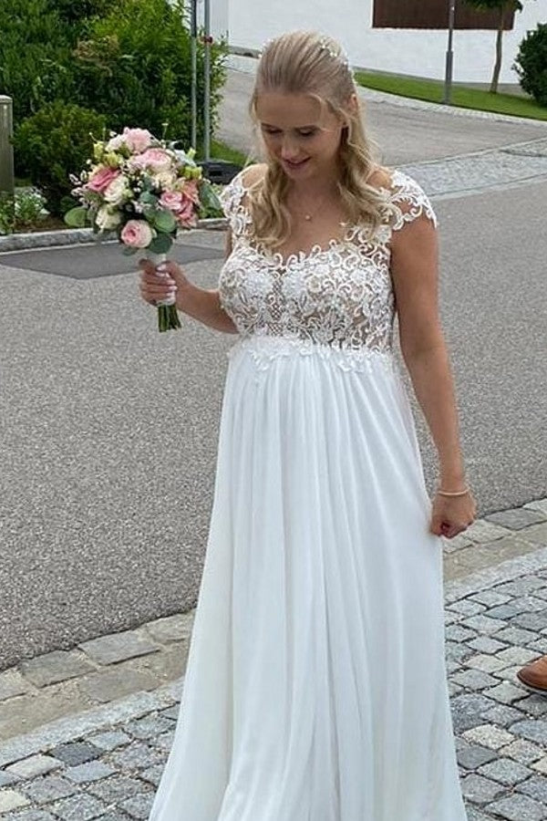Bmbride Elegant A-line Chiffon Wedding Dress with Sleeveless Design and Appliques Lace