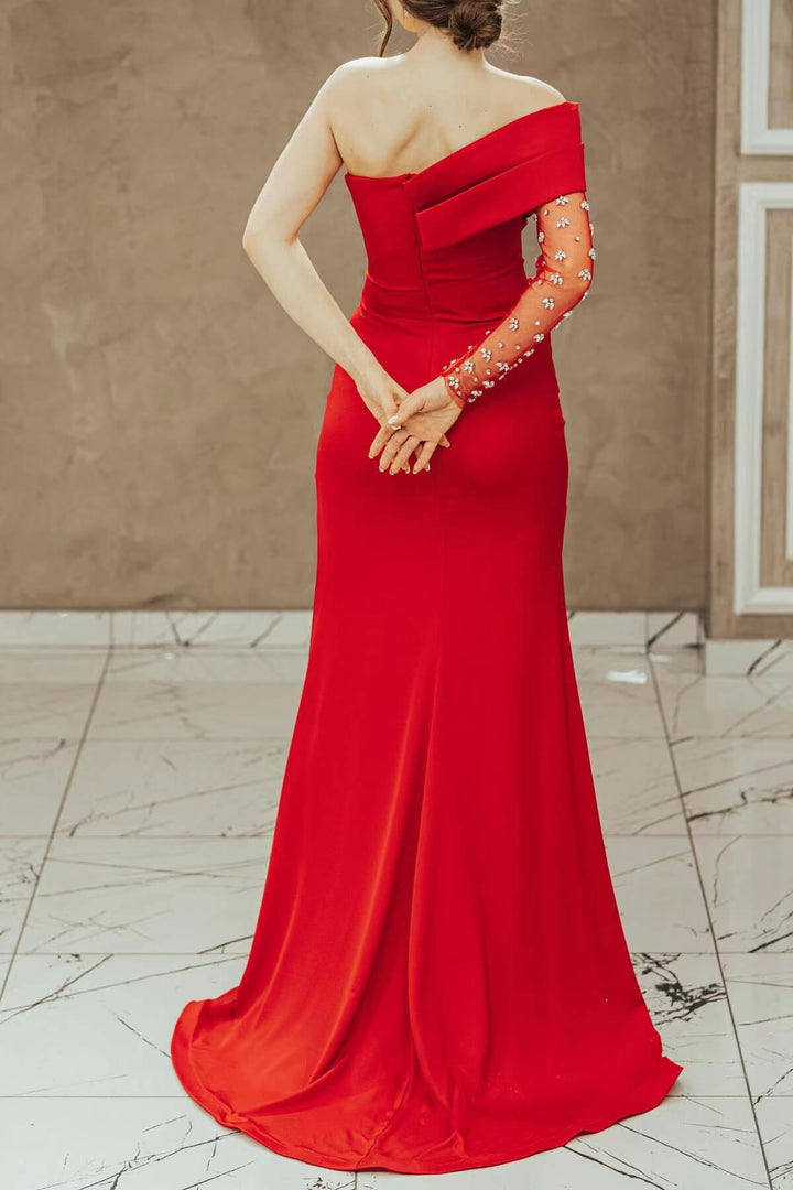 Red Long Sleeves One Shoulder Prom Dress Split Mermaid With Beadings