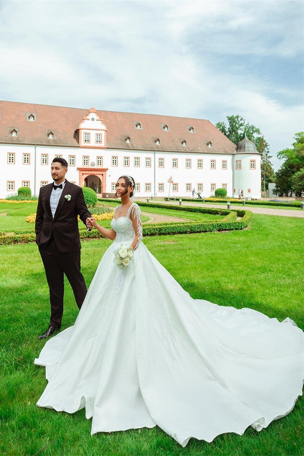 Bmbride Elegant Garden A-line Sweetheart Long Sleeves Chapel Train Satin Wedding Dress