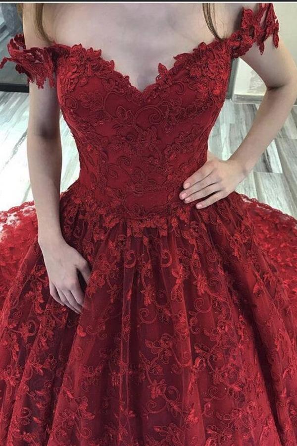Bmbride Formal Prom Dress Burgundy Long A-line Off the Shoulder Lace