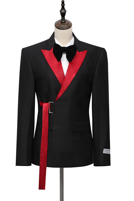 Koscy Fashionable Black Party Suit with Peaked Lapel and Buckle