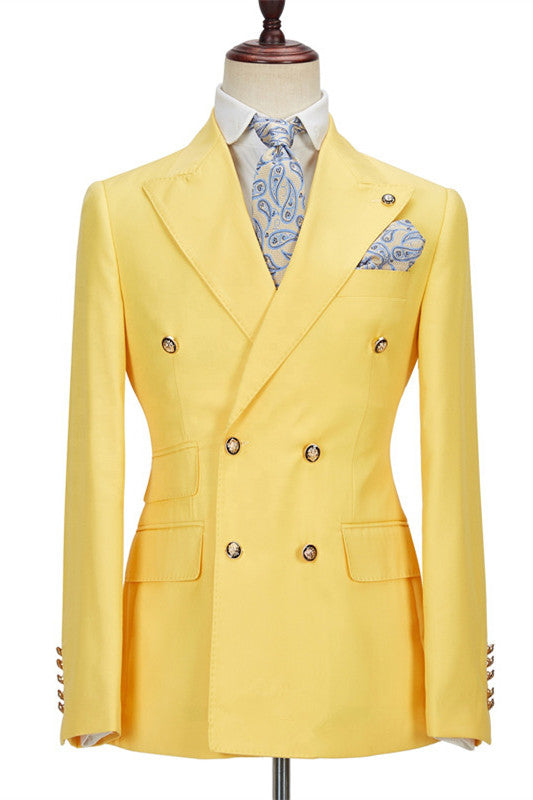 Koscy Fashionable Yellow Double-Breasted Casual Prom Suit with Peaked Lapel for Men