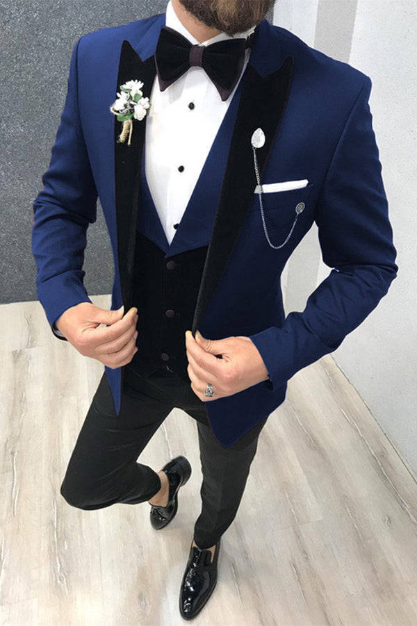 Koscy New Black and Blue Peak Lapel Blazer for Men's Wedding