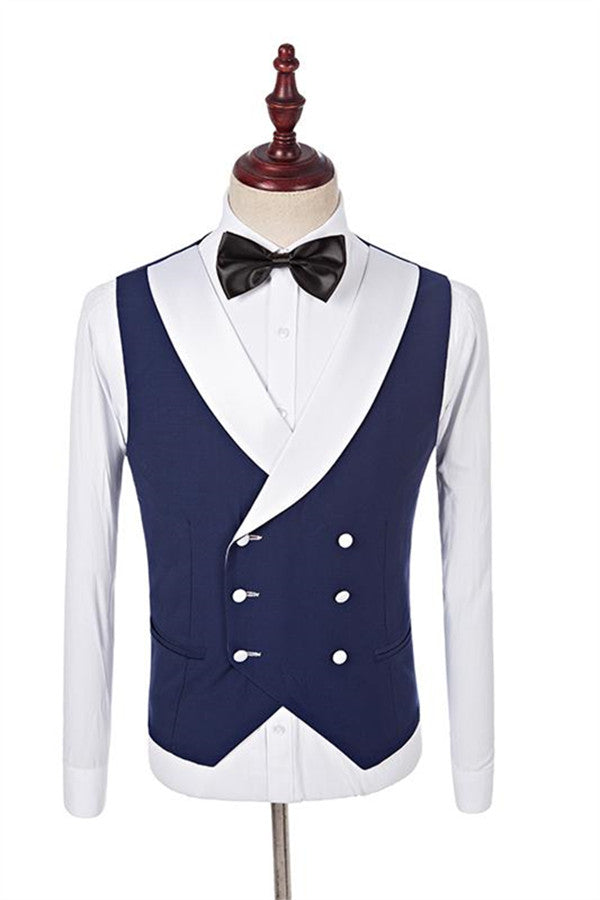 Koscy One Button Navy Blue Fashion Slim Fit, Three Pieces with White Shawl Lapel