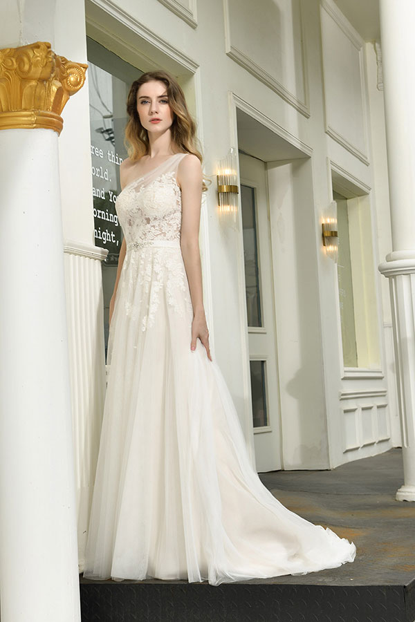 Bmbride Elegant One Shoulder Tulle Lace A-Line Wedding Dress