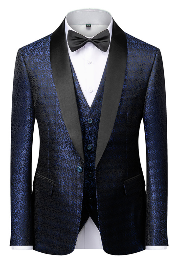 Koscy Gentle Dark Navy Blue Floral Jacquard One-Button Wedding Suit