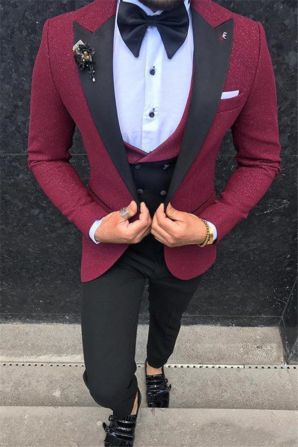 Koscy Popular Burgundy Three-Piece Groomsmen Suit with Peaked Lapel