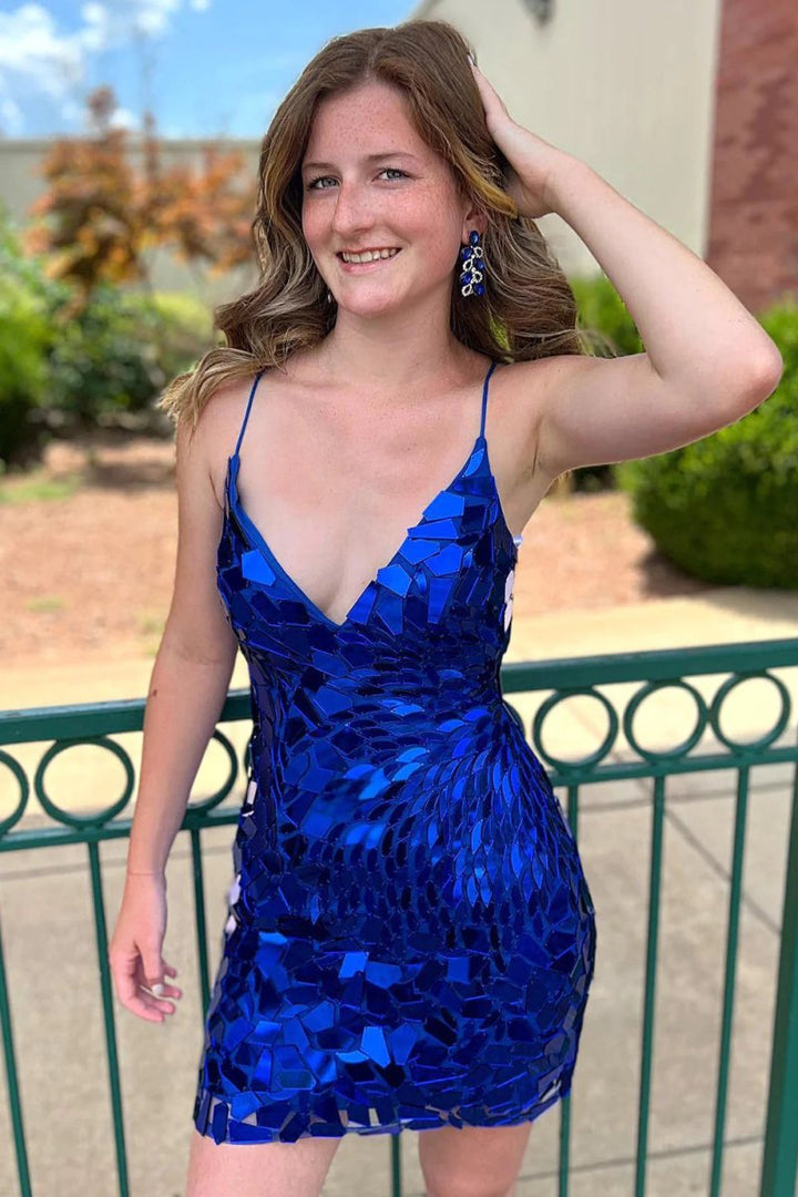 Koscy Sparkly Royal Blue Sequined Tight Short Homecoming Dress