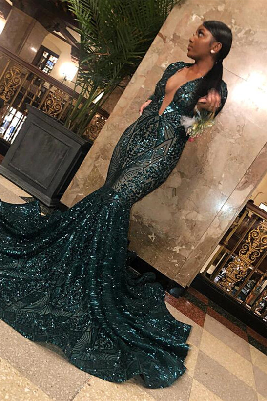 V-Neck Long Sleeves Sequins Lace Mermaid Prom Dress - Emerald