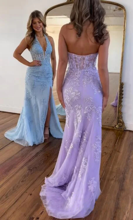 Blue Lace Prom Dress 2024 - Long Fitted Prom Dress With Split