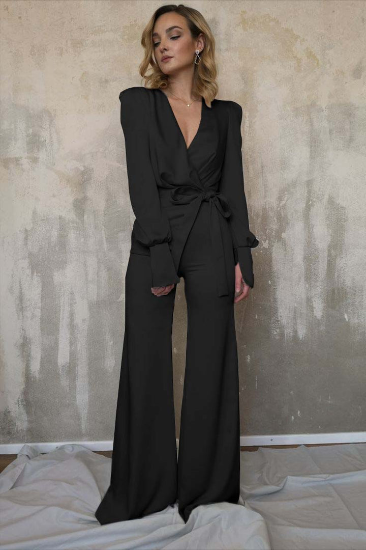 Koscy Charming Long Sleeves White V-Neck Long Jump Suit With Belt