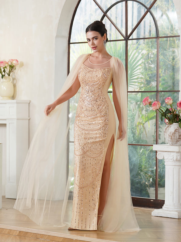 Vintage Mermaid Polyester Knitted Scoop Sleeveless Champagne Gold Prom Dresses With Beading Split Front