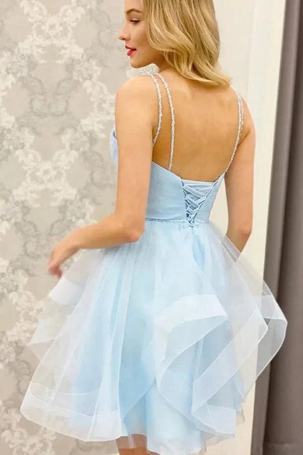 Koscy A-Line V Neck Light Blue Short Homecoming Dresses