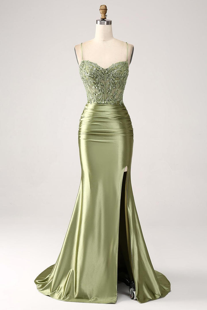 Amazing Long Mermaid Dusty Sage Prom Dress Spaghetti Straps Lace up Back Evening Dress With Slit
