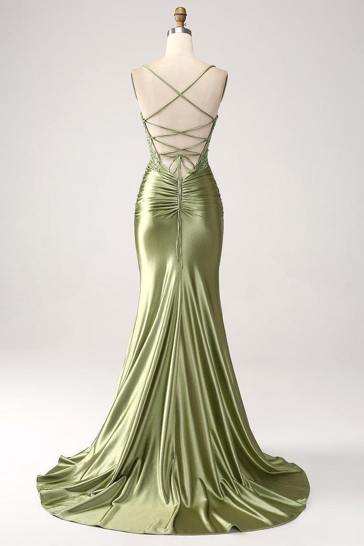 Amazing Long Mermaid Dusty Sage Prom Dress Spaghetti Straps Lace up Back Evening Dress With Slit