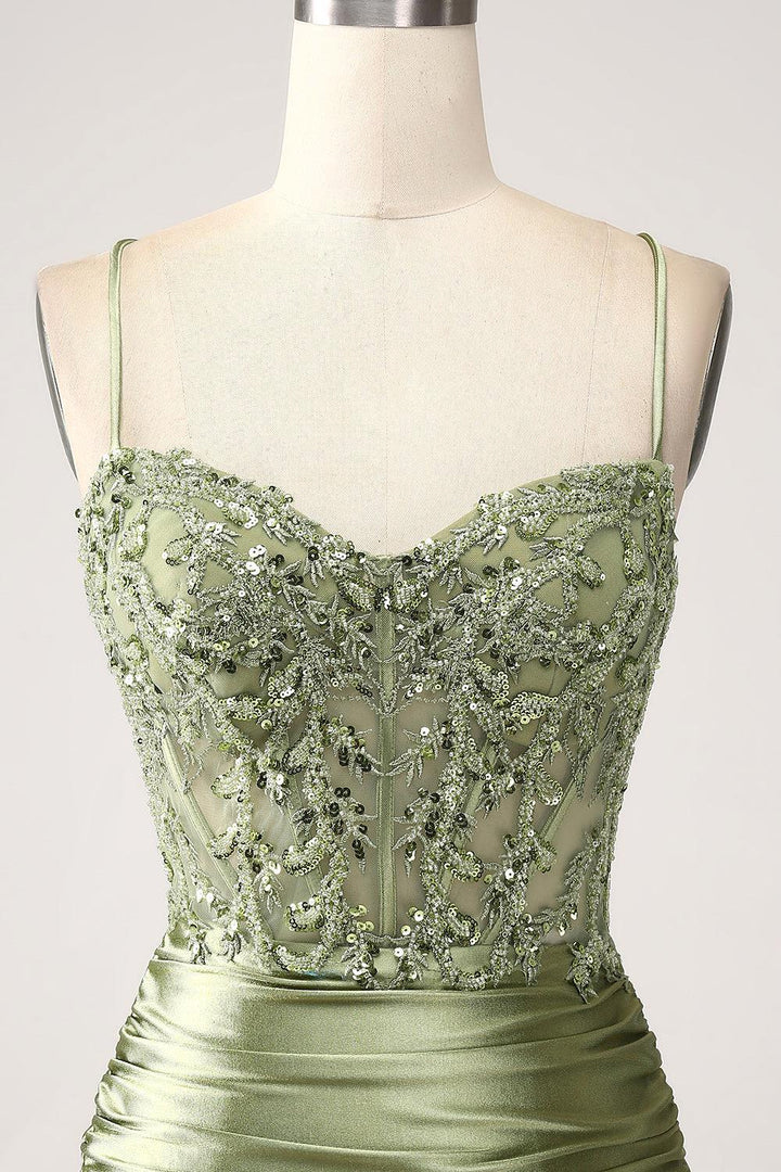 Amazing Long Mermaid Dusty Sage Prom Dress Spaghetti Straps Lace up Back Evening Dress With Slit