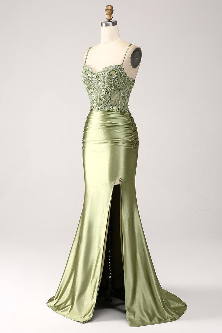 Amazing Long Mermaid Dusty Sage Prom Dress Spaghetti Straps Lace up Back Evening Dress With Slit