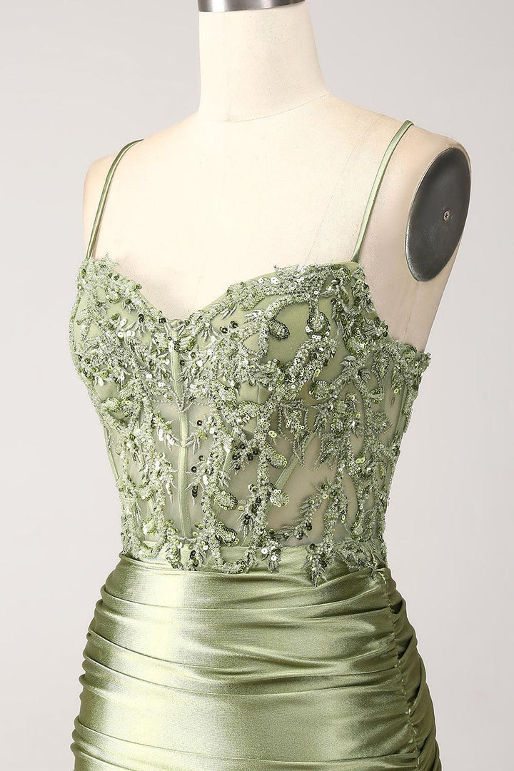 Amazing Long Mermaid Dusty Sage Prom Dress Spaghetti Straps Lace up Back Evening Dress With Slit